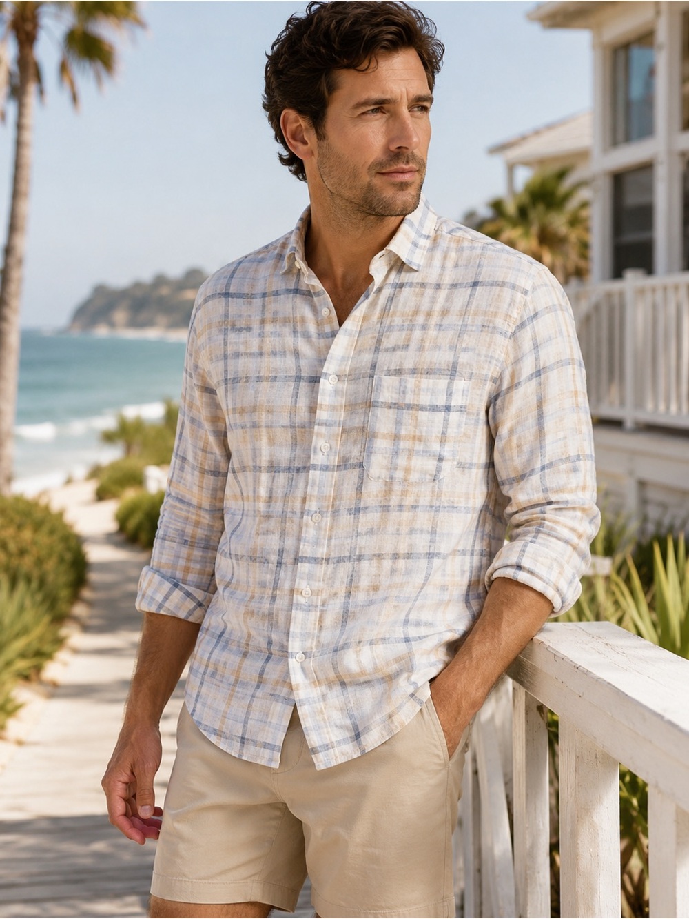 Magaschoni Mens Linen Blend Button Down Shirt Medium Coastal Plaid Lightweight